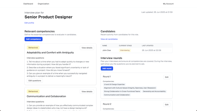 Godric's interface showing an interview plan for Senior Product Designer with competencies, candidates, and interview rounds
