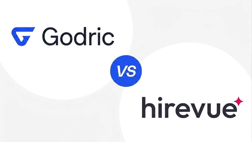 Godric and HireVue logos with versus graphic