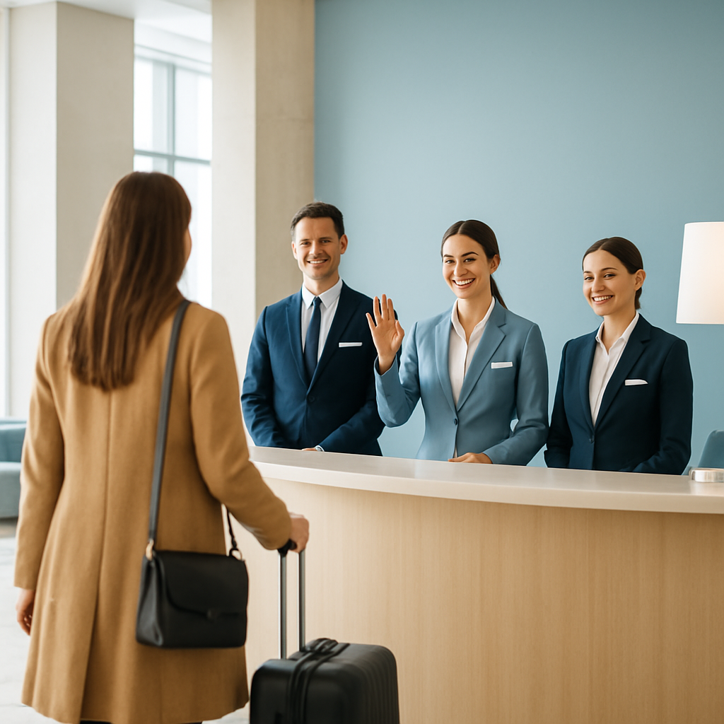 Hotel front-desk staff welcoming guests